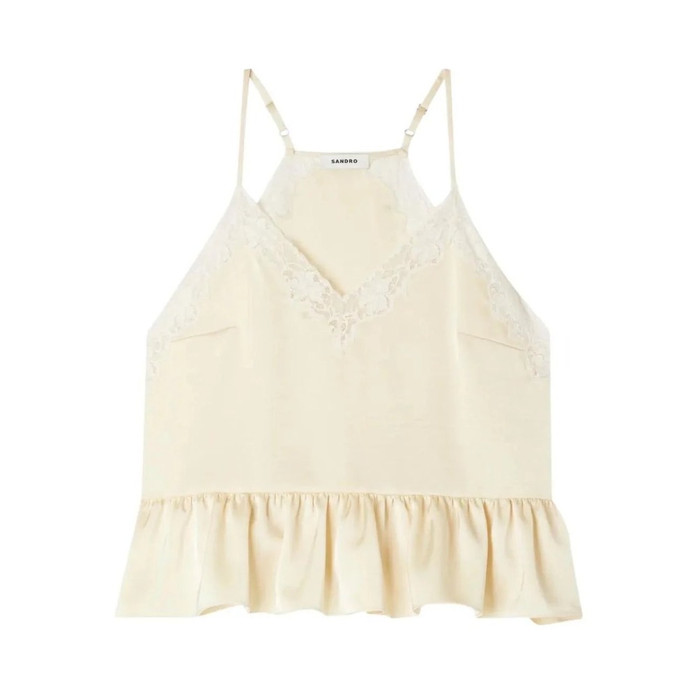 Sandro Jaune Clair Lace Trim Peplum Camisole Top Silk Blend Cream  Size 0 NWT